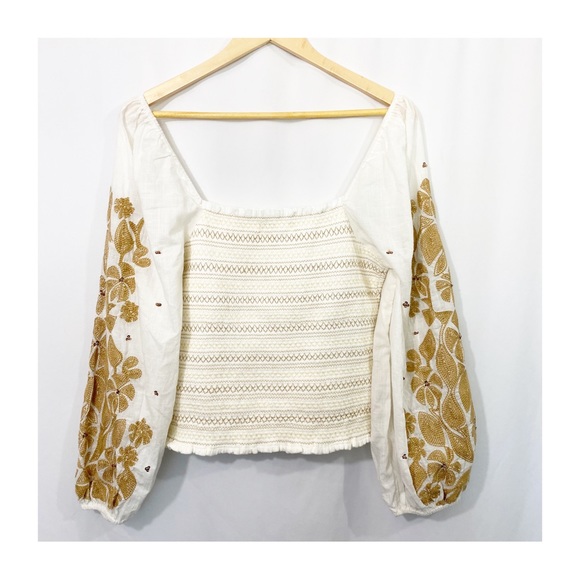 Anthropologie Neutral Smocked Embroidered Ballon Sleeve Blouse Top - Picture 7 of 12